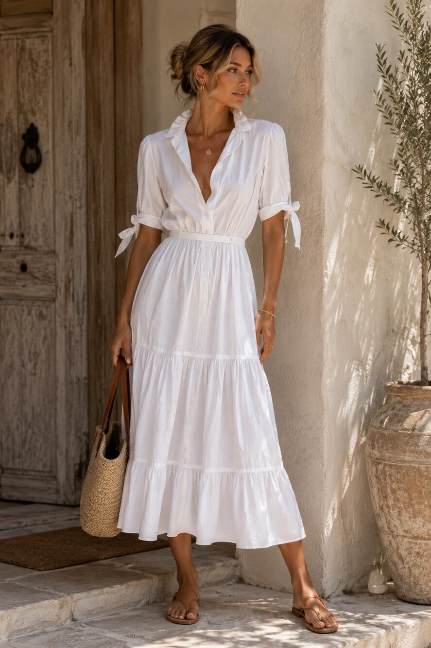 Evi Grintela White The Shirt Dress Midi Tiered Women M Boho Cottage Core Peasant